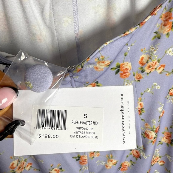 Brand New WeWoreWhat Women's Ruffle Halter Midi Dress Vintage Roses Purple S - Picture 11 of 12